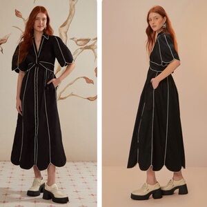 FARM Rio Tie Belt Shirt Dress Maxi Black White Trim Size M NWOT